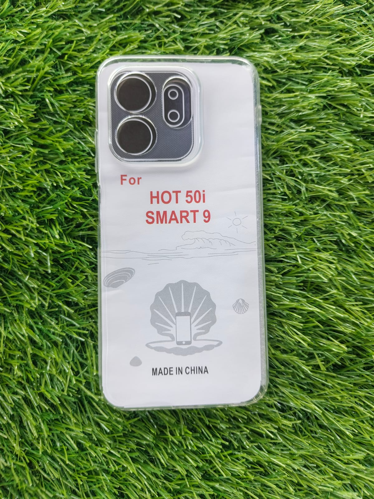Phone case with text and branding on a grass background Transparent protective phone case for Infinix Hot 50i & Smart 9