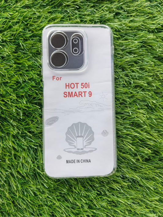 Phone case with text and branding on a grass background Transparent protective phone case for Infinix Hot 50i & Smart 9